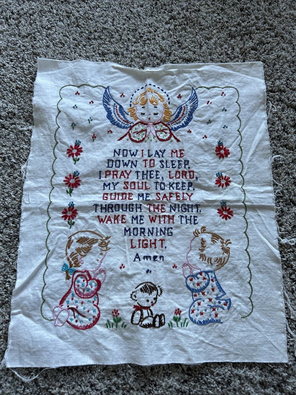 Vtg Embroidery Needlepoint Children’s Bedtime Prayer Girl Boy Angel Unframed E26